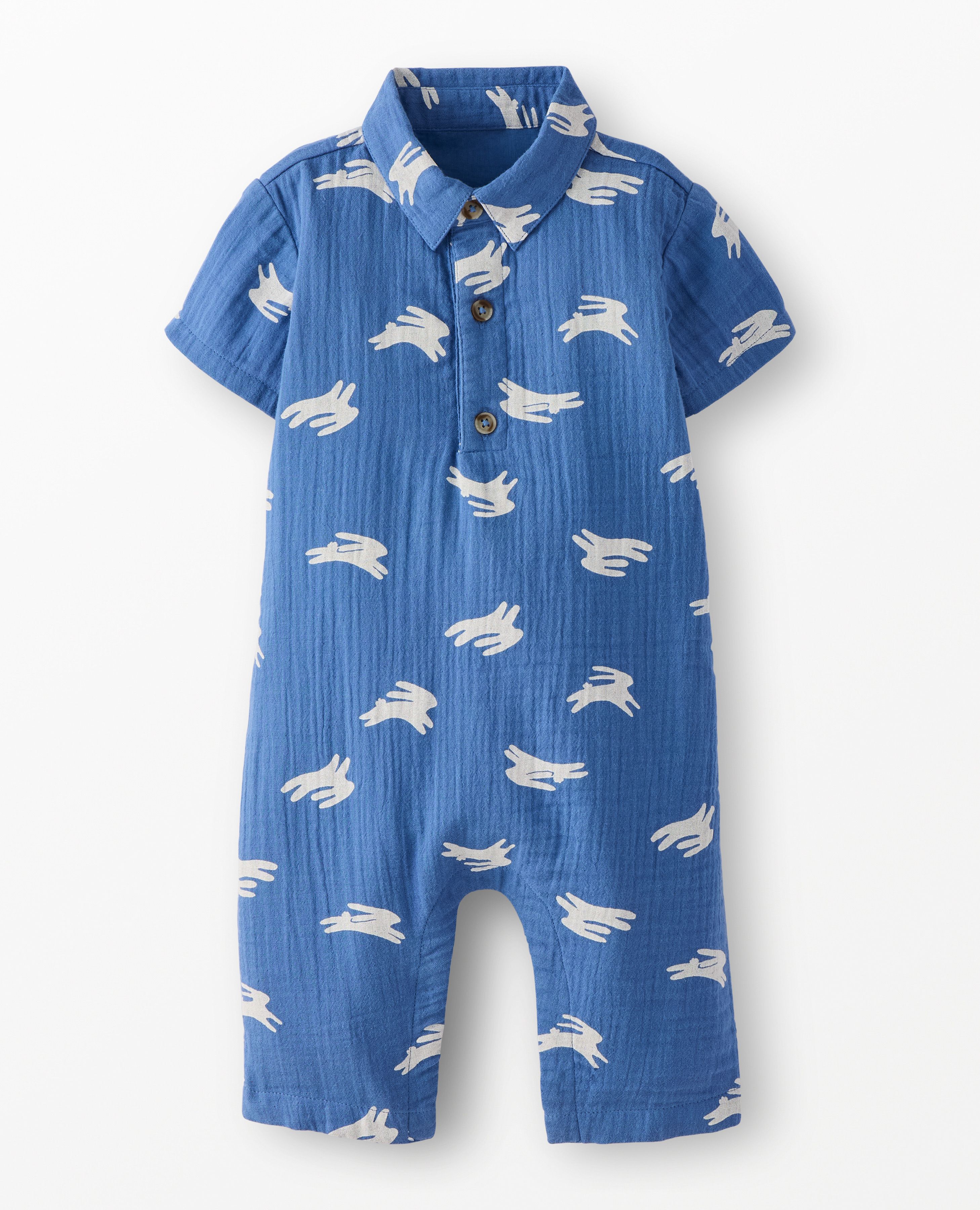 Baby Easter Muslin Romper in Hopping Bunnies on Blue - main