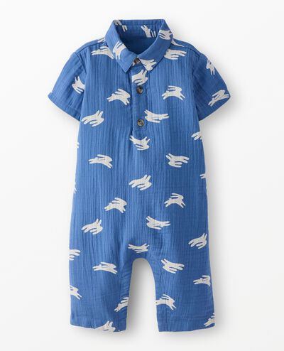 Baby Easter Muslin Romper in Hopping Bunnies on Blue - main