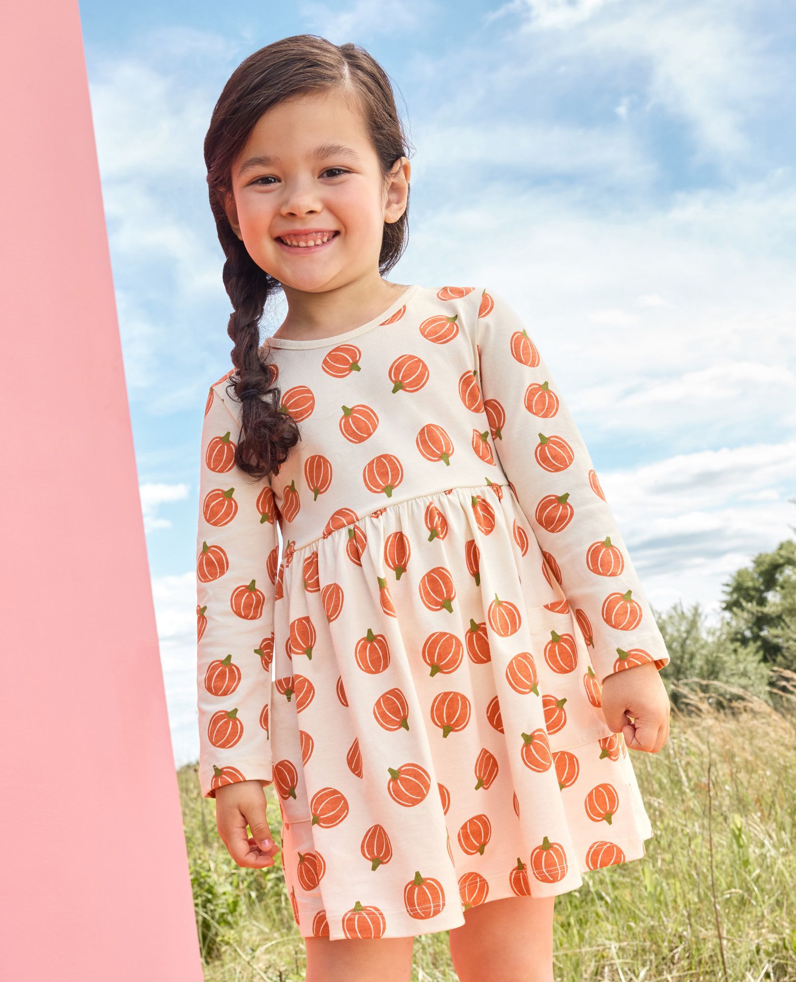 Halloween Long Sleeve Playground Dress with Pockets in Tossed Pumpkins - main