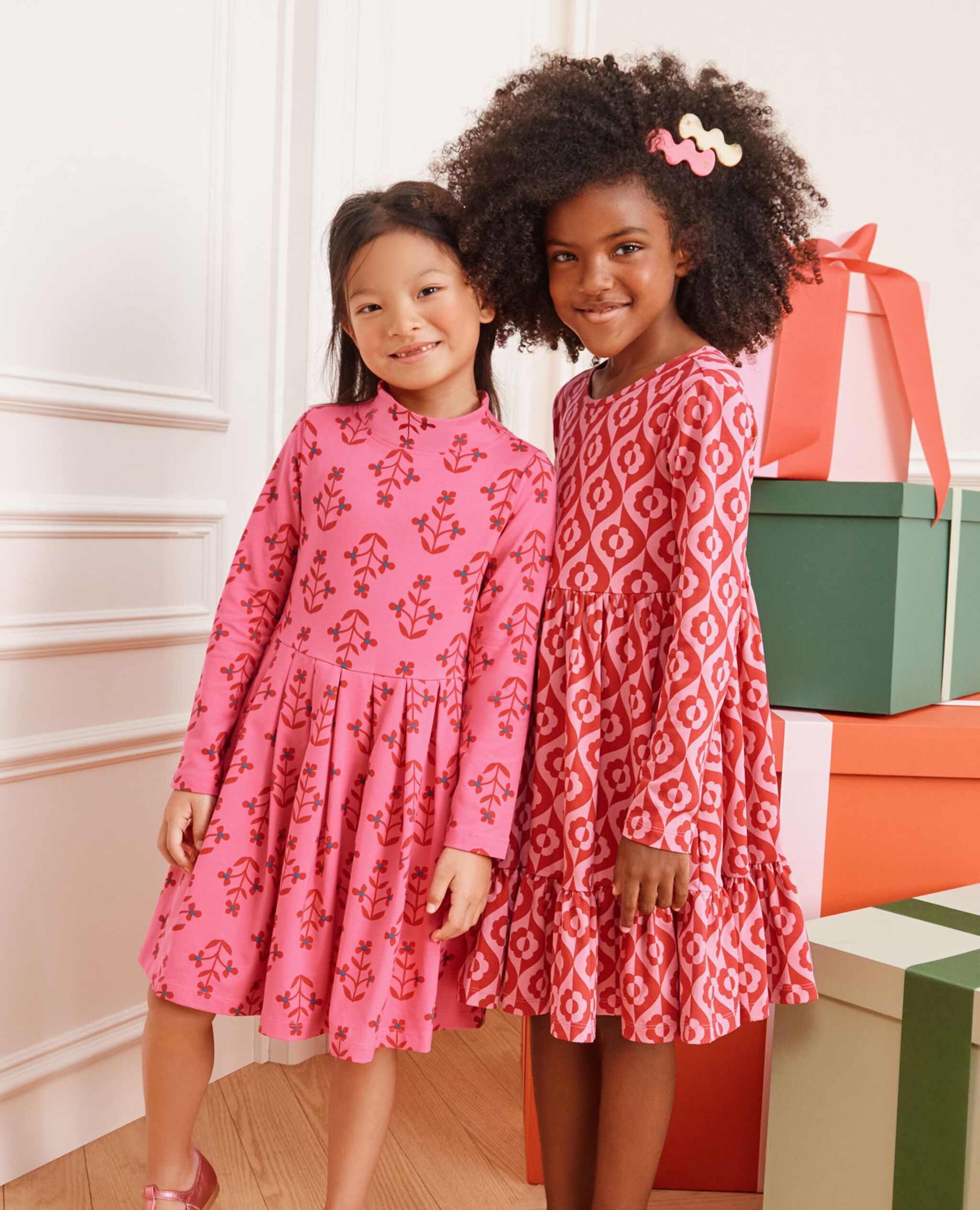 Long Sleeve Ruffle Skater Dress with Pockets in Pink and Red 2-tone - main