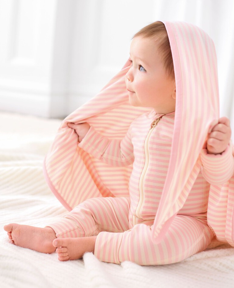 Baby Striped 2-Way Zip Sleeper in HannaSoft™ in Ecru/Blush Pink - main