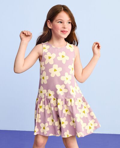 Sleeveless Drop Waist Peplum Dress in Ecru Flowers on Purple - main