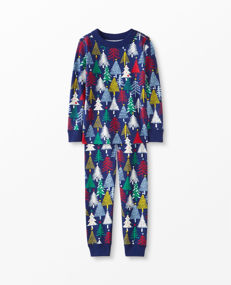 Long John Pajamas In Organic Cotton in Twinkly Trees on Navy - main