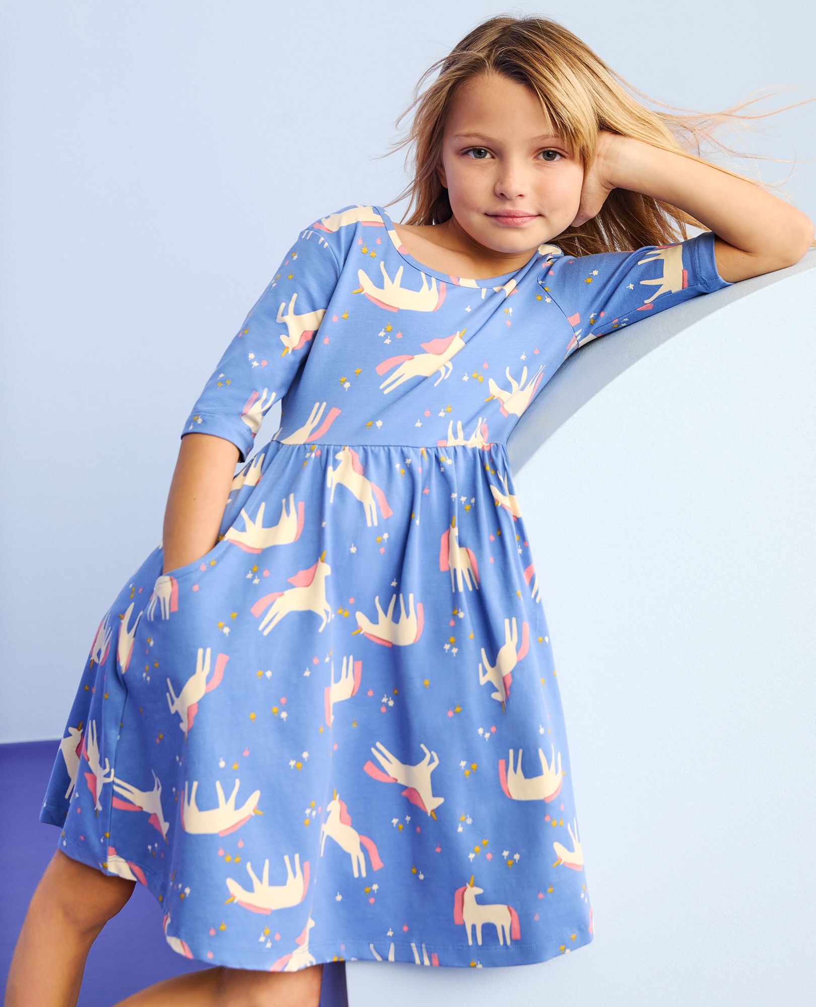 Skater Dress with Pockets in Unicorn Garden on Blue - main