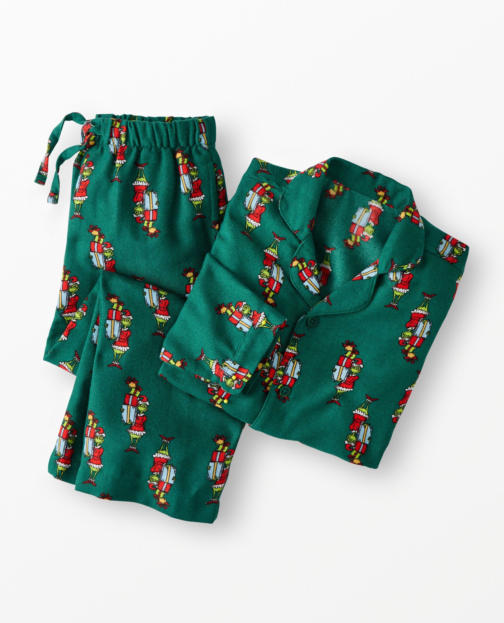 Dr. Seuss Grinch Flannel Pajama Set in Grinch Presents on Green - main