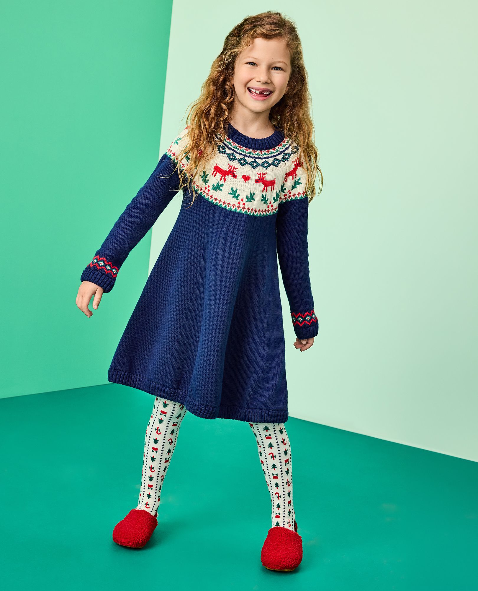 Holiday Dear Deer Sweater Dress in Dear Deer on Navy - main