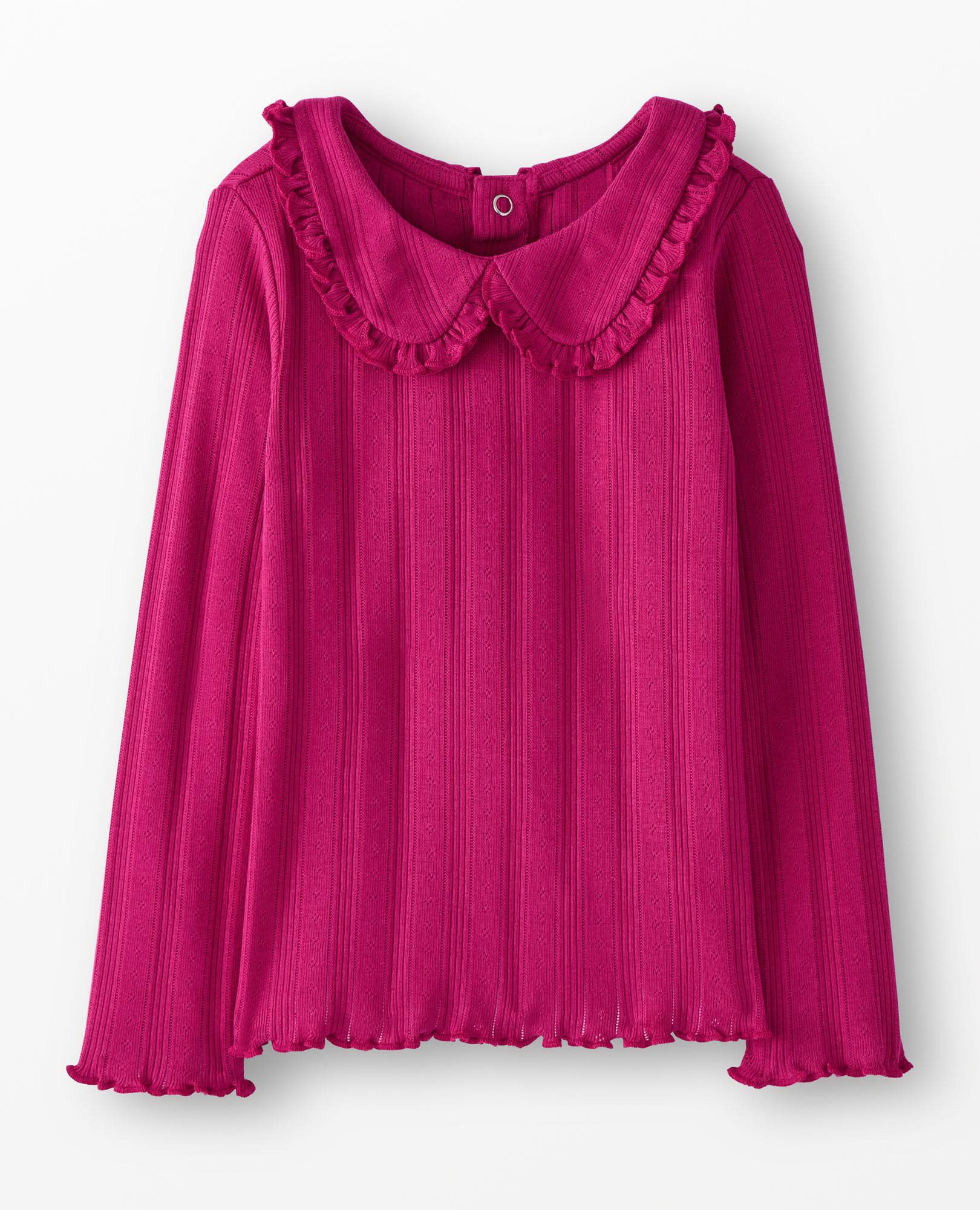 Long Sleeve Pointelle Collared T-Shirt in Raspberry - main