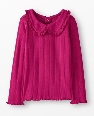 Long Sleeve Pointelle Collared T-Shirt in Raspberry - main