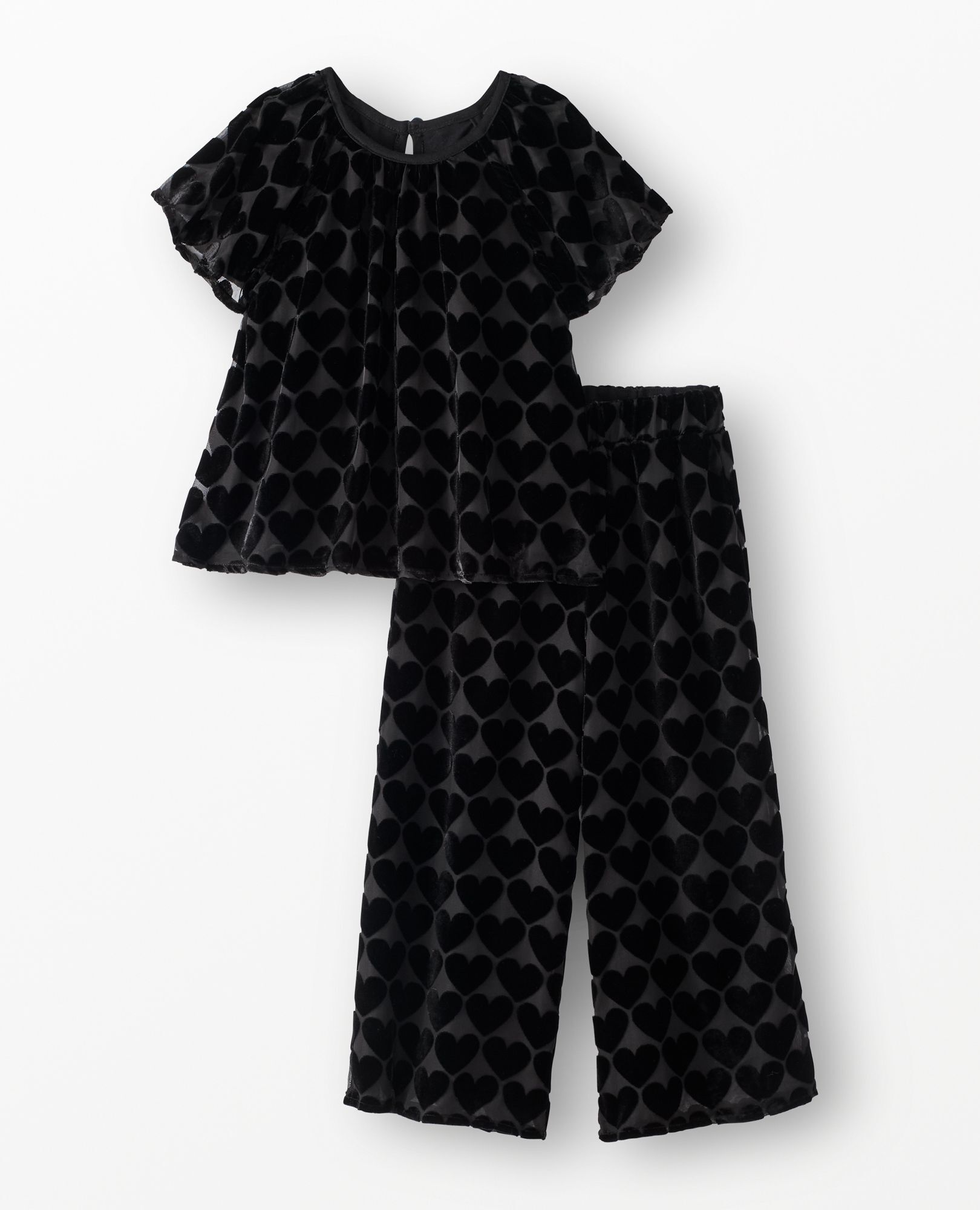 Velvet Top & Wide Leg Pants Set in Hearts on Black - main