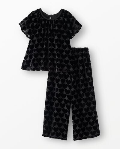 Velvet Top & Wide Leg Pants Set in Hearts on Black - main