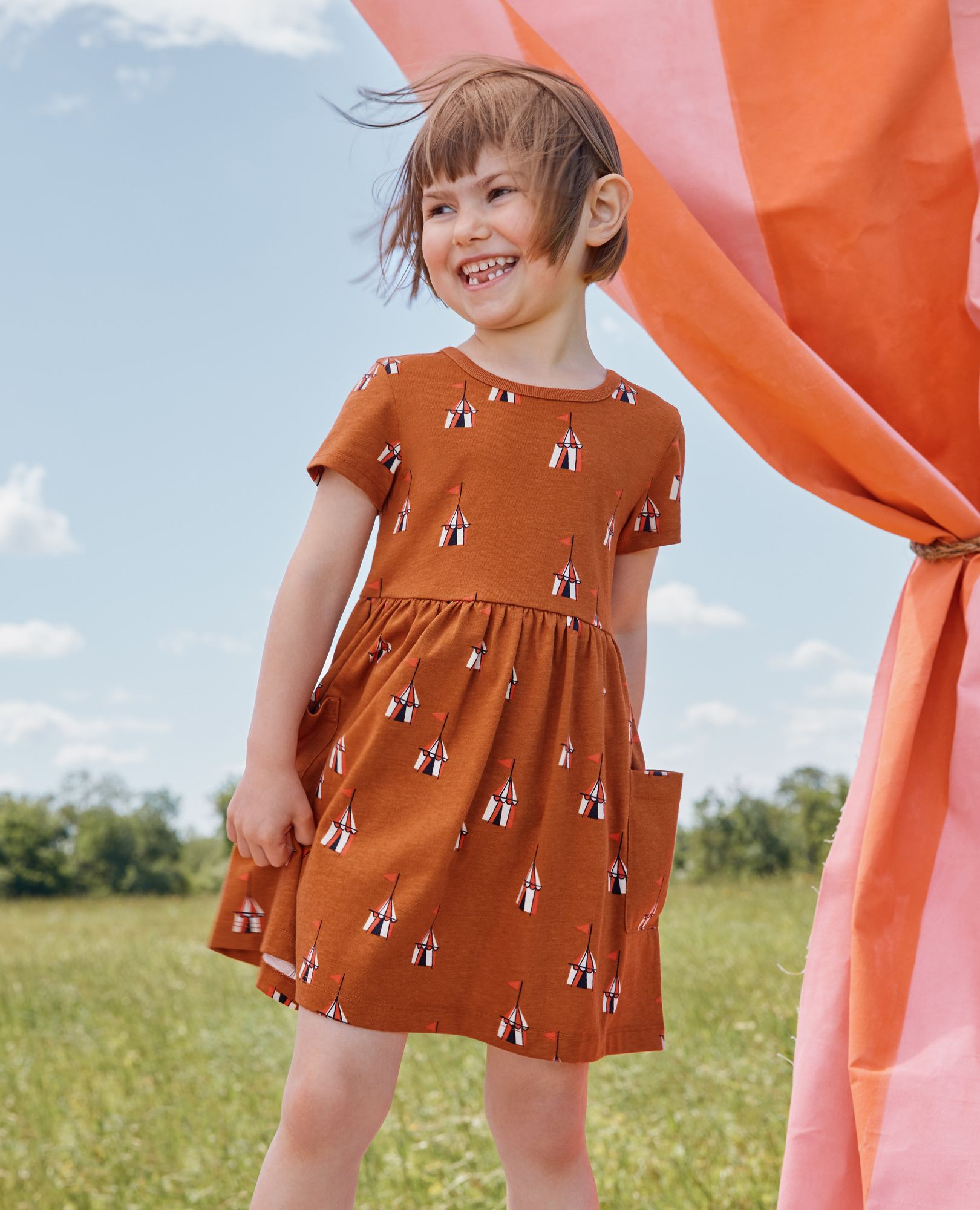 Playground Dress with Pockets in Tents on Dogwood - main