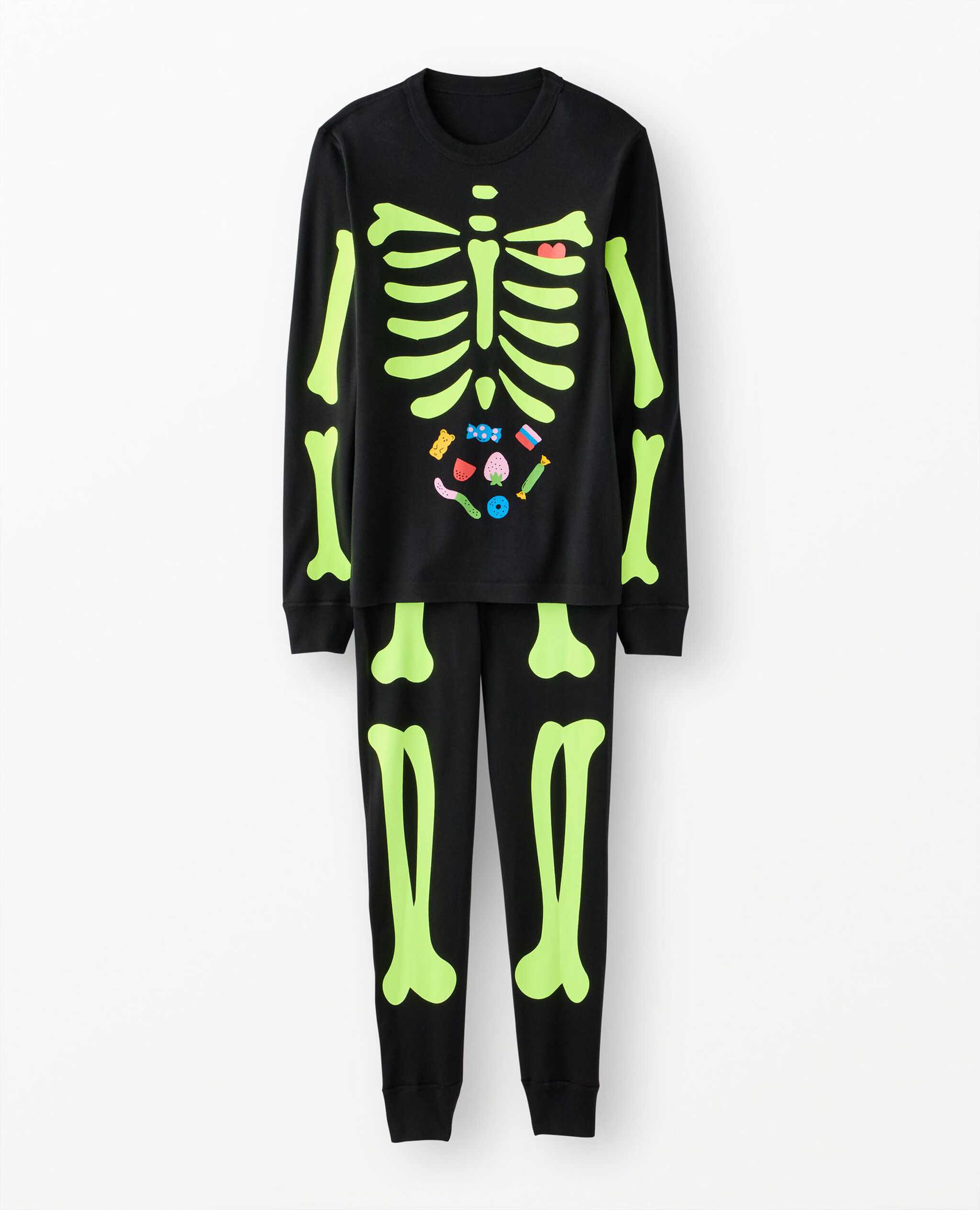 Adult Halloween Glow-in-the-Dark Long John Pajama Set in Skeleton - main