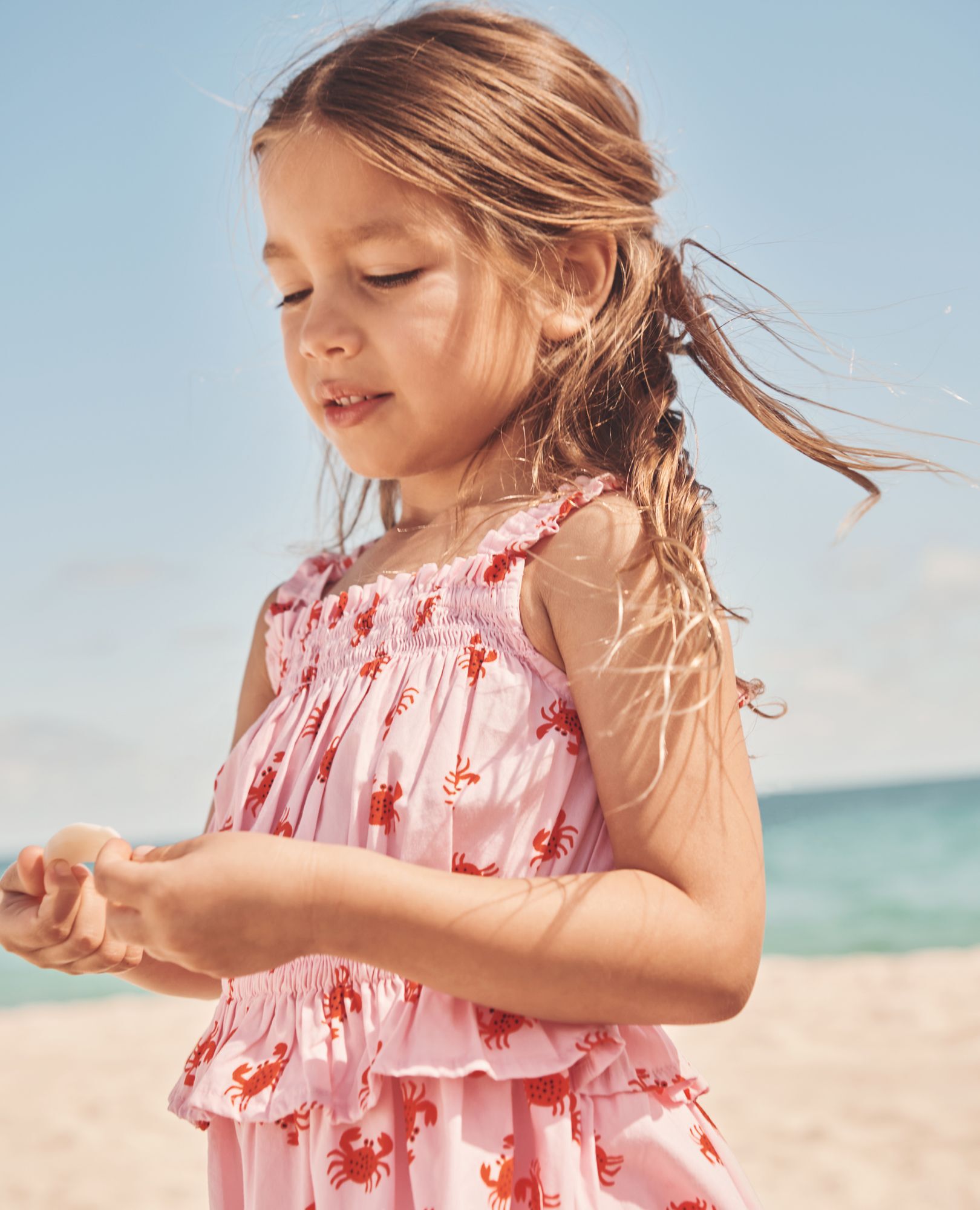 Sleeveless Poplin Smocked Dress in Little Crabby Pants on Pink Lilac - main