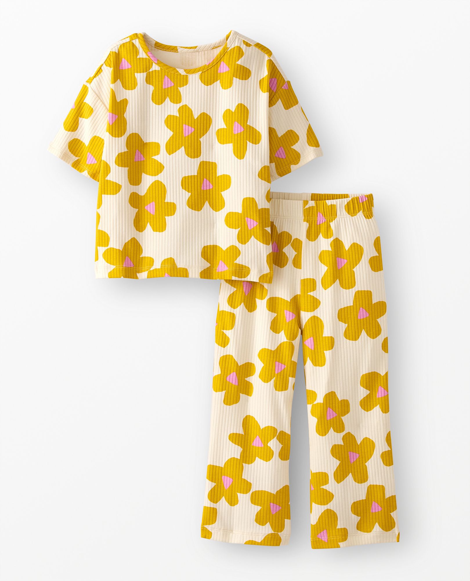 Ribbed T-Shirt & Flare Pants Set in Yellow Flowers on Ecru - main