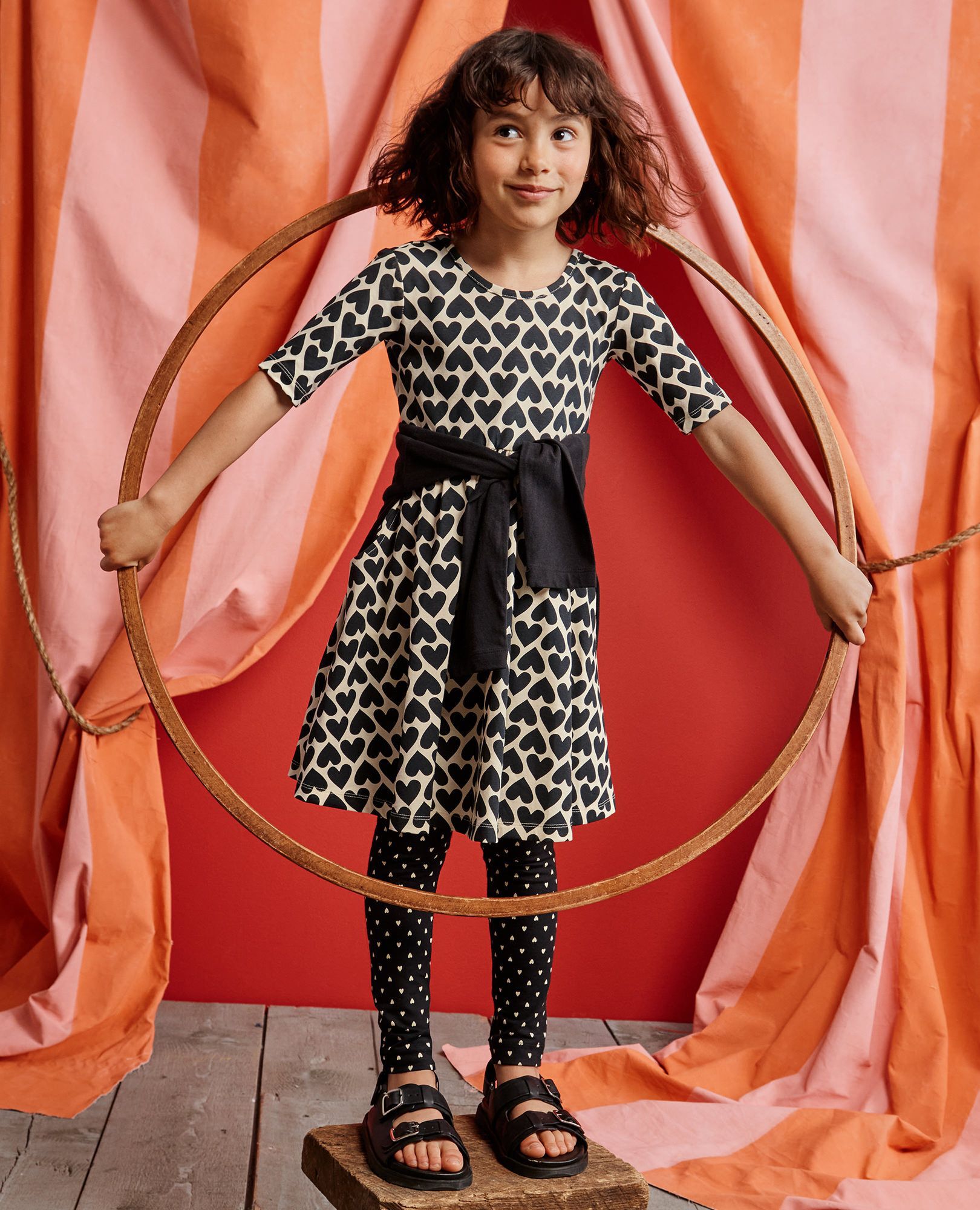 Skater Dress with Pockets in Black Hearts on Almond Oil - main