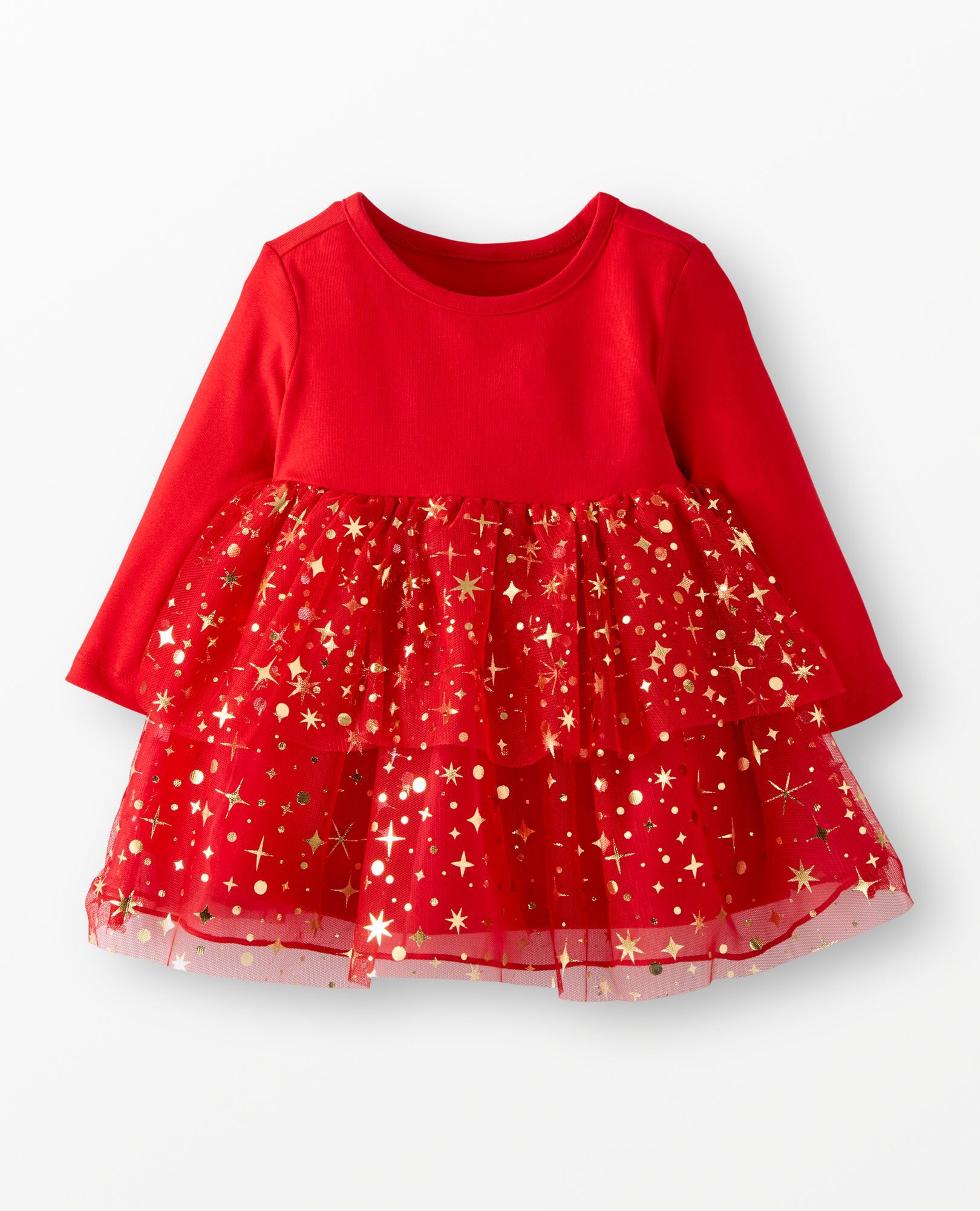 Baby Long Sleeve Tulle Shimmer Dress in Ribbon Red - main