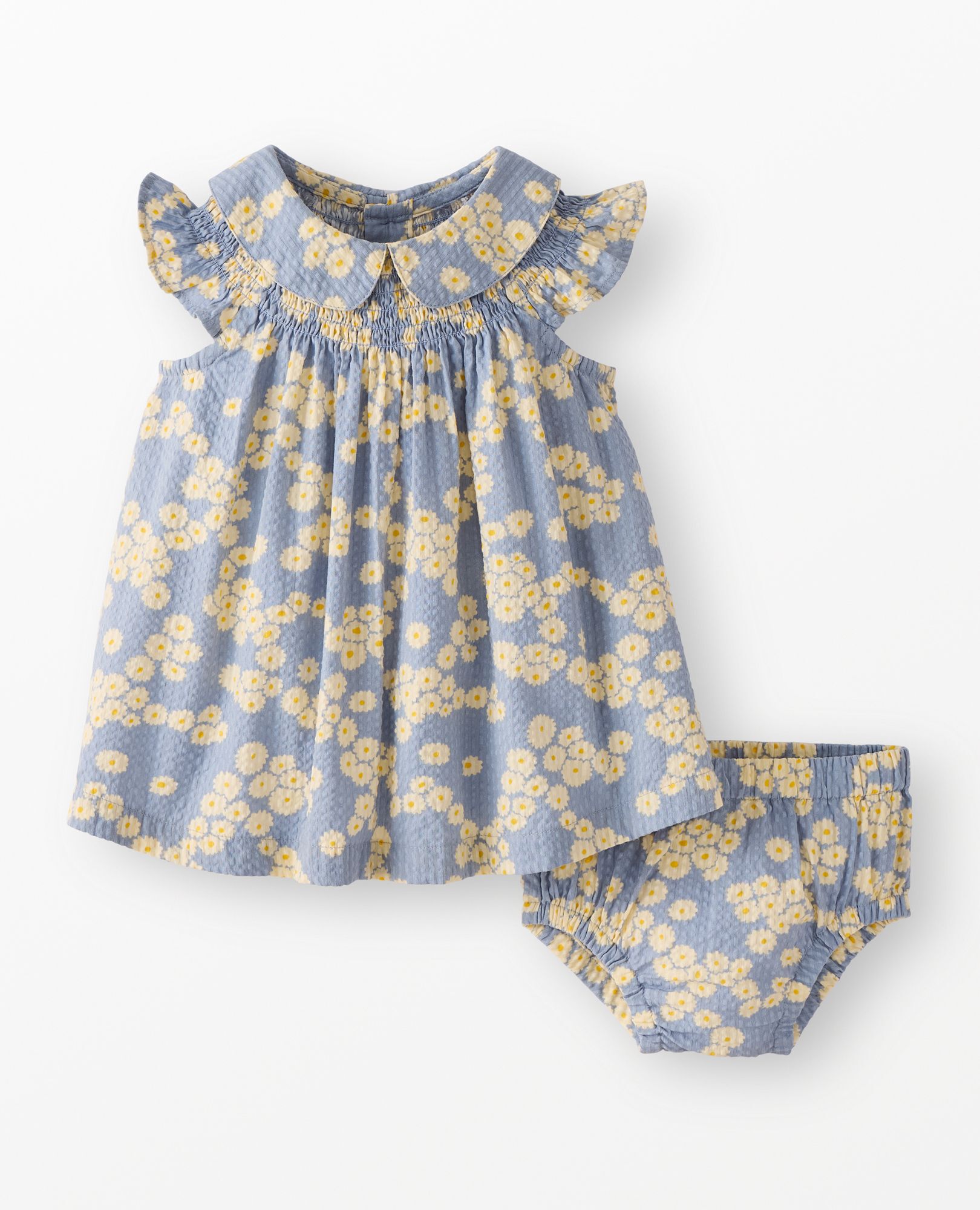 Baby Smocked Seersucker Dress & Bloomers Set in Flowers on Blue - main