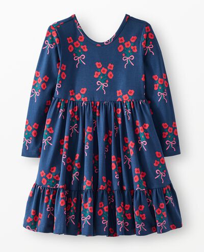 Long Sleeve Ruffle Skater Dress with Pockets in Bouquets on Midnight Blue - main