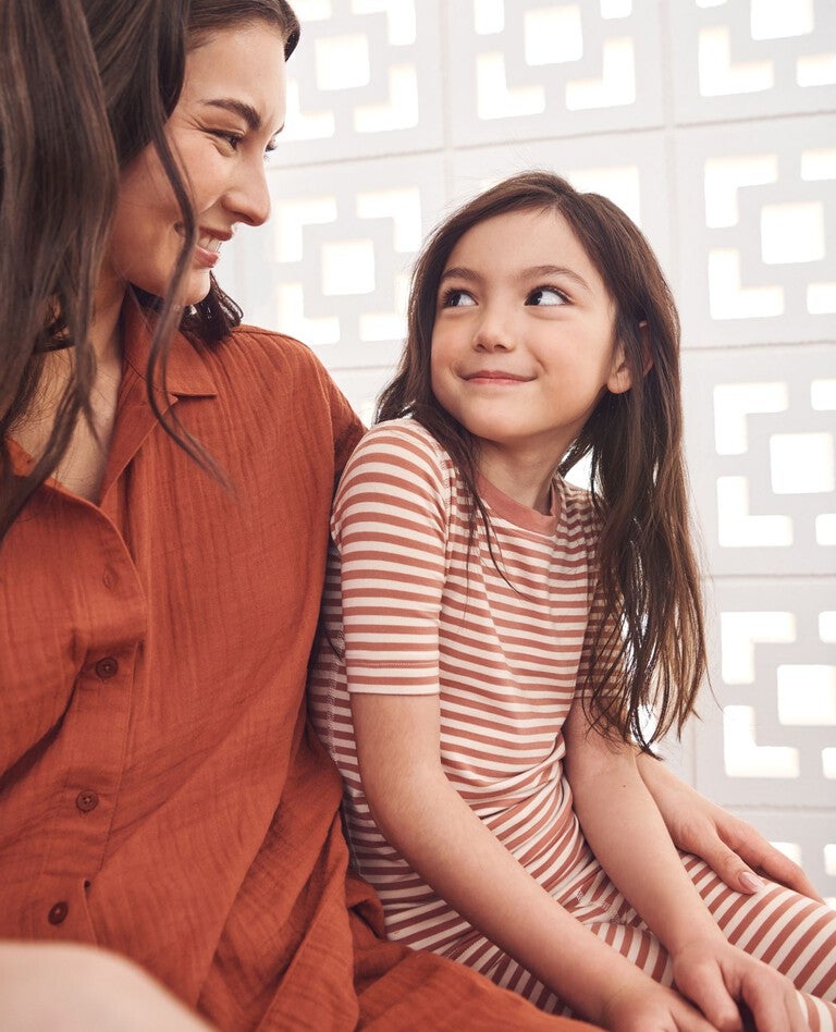 Kids Striped Short Sleeve Pajama Set in HannaSoft™ in Rose Dawn/Ecru - main