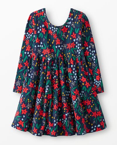 Holiday Long Sleeve Skater Dress with Pockets in Pointsetta Patch on Navy - main