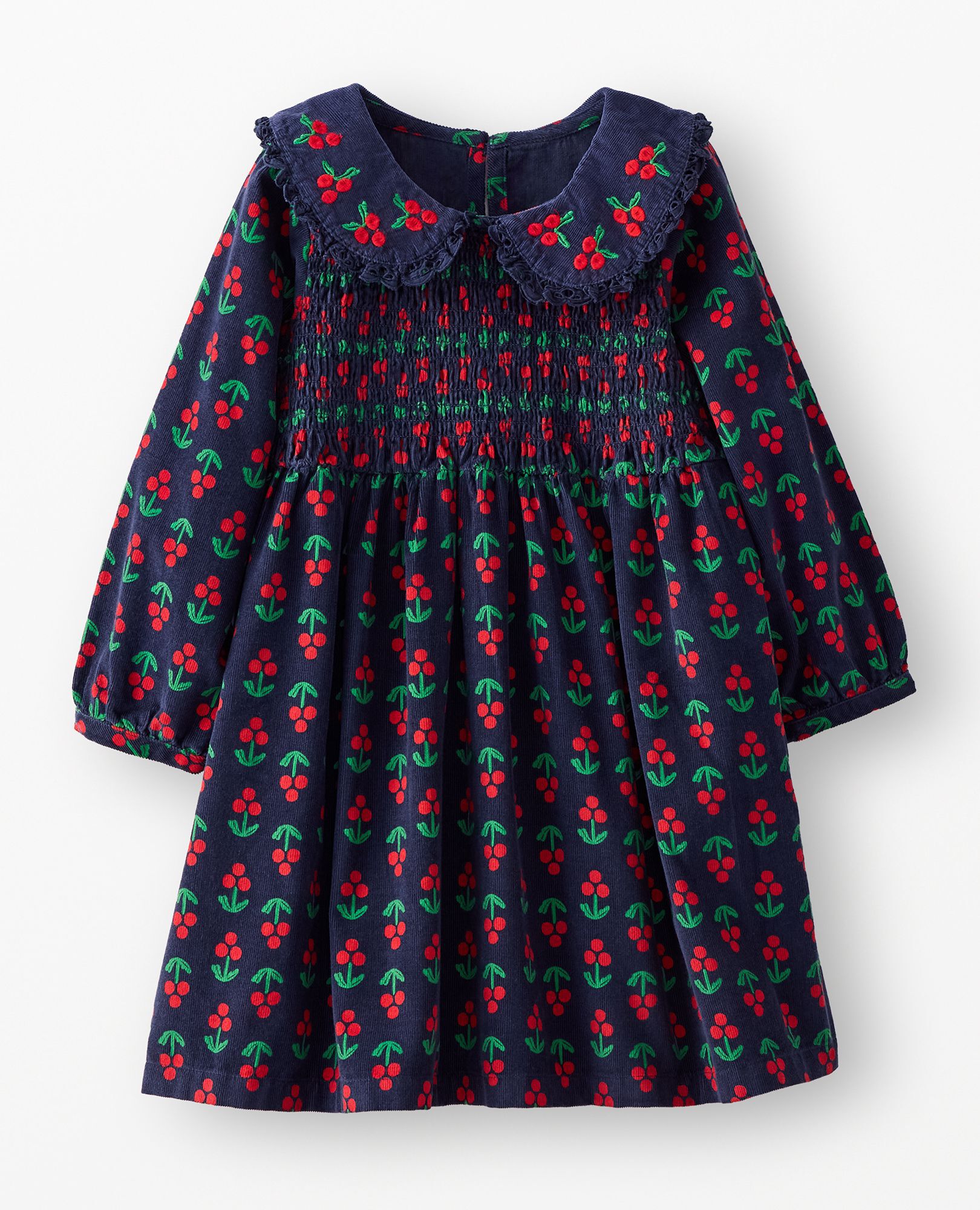 Embroidered Corduroy Dress with Pockets in Holly Berries on Midnight Blue - main