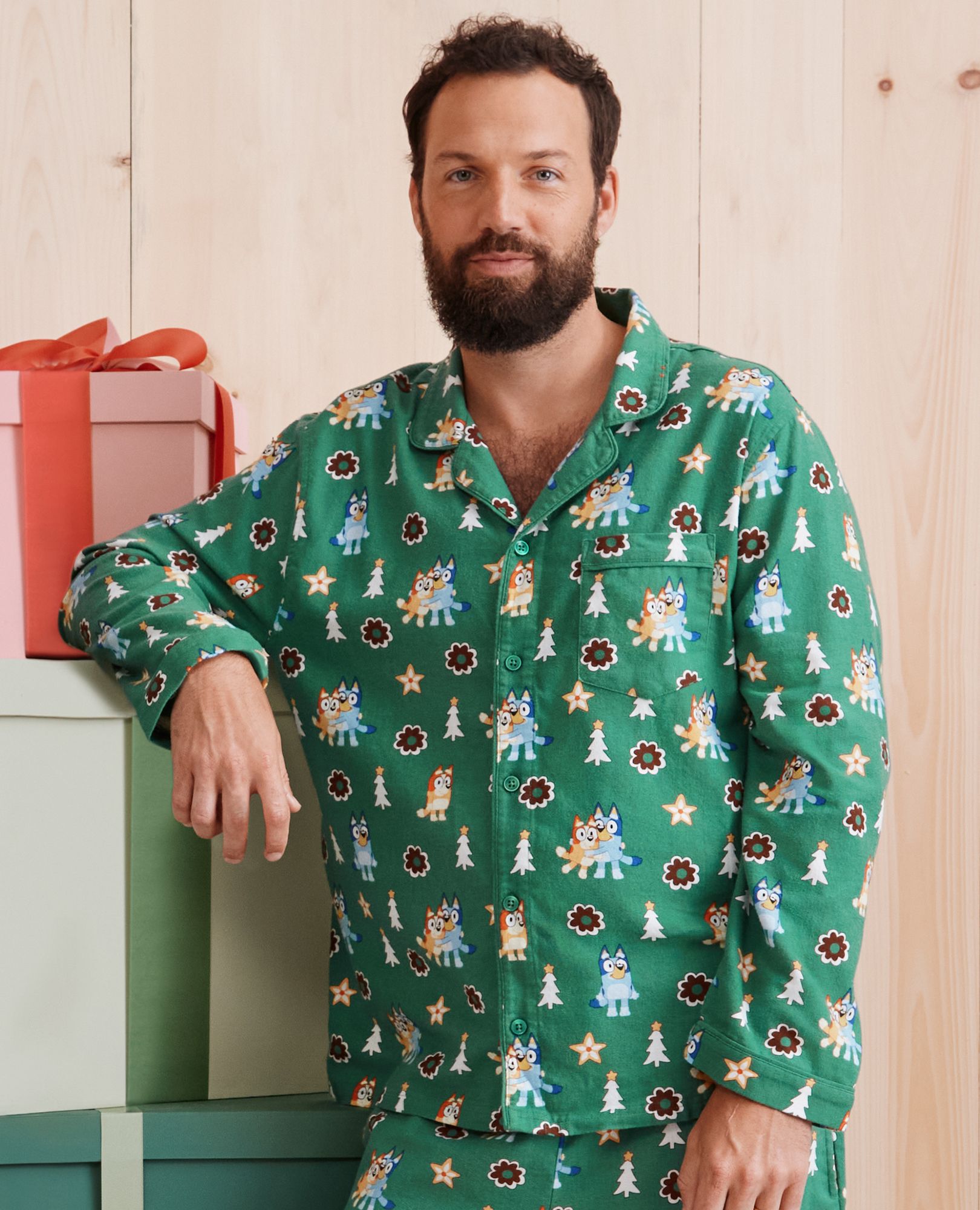 Adult Bluey Holiday Flannel Pajama Top in Bluey Hugs and Cookies on Green - main