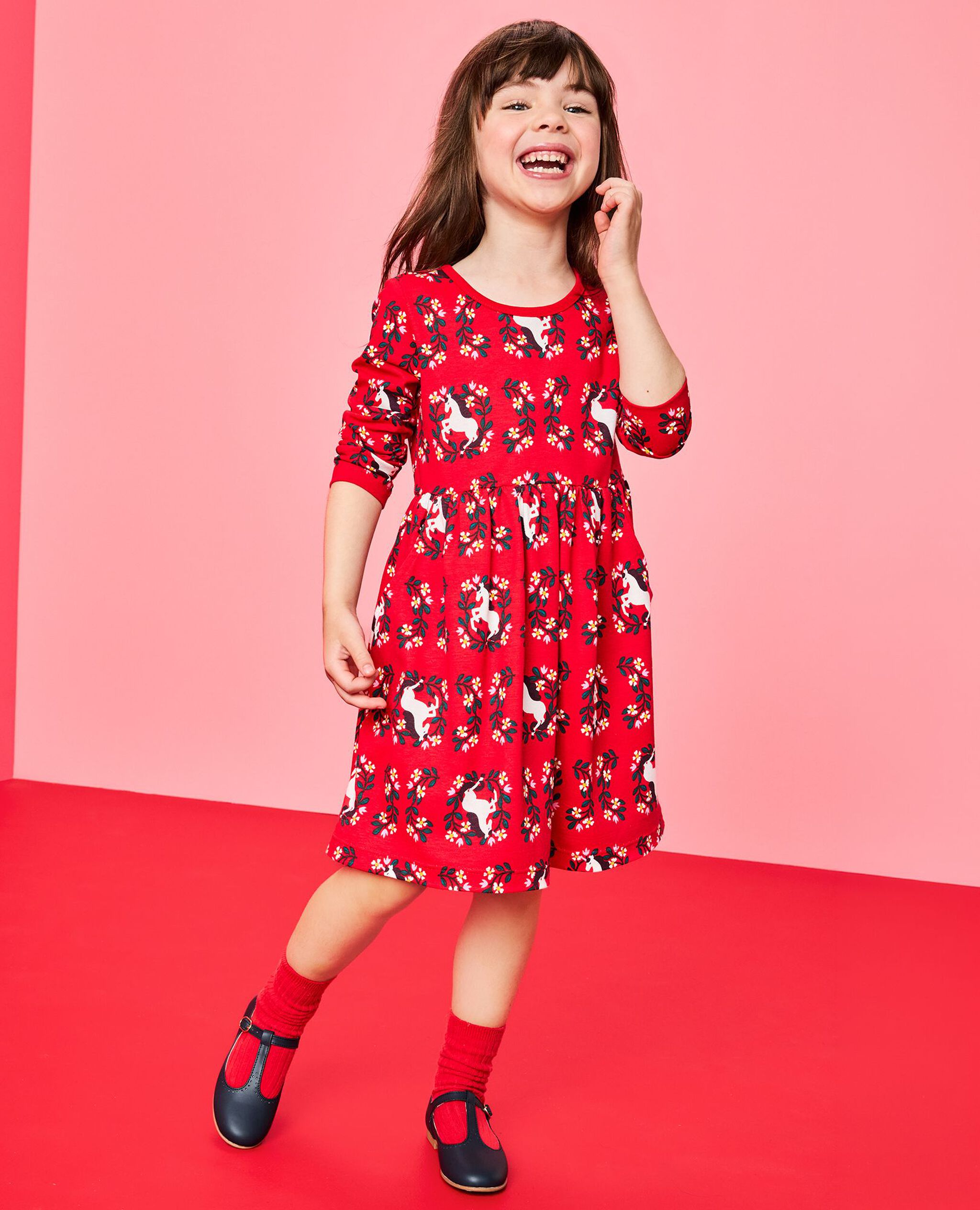 Long Sleeve Everywhere Dress with Pockets in Magical Unicorn on Ribbon Red - main