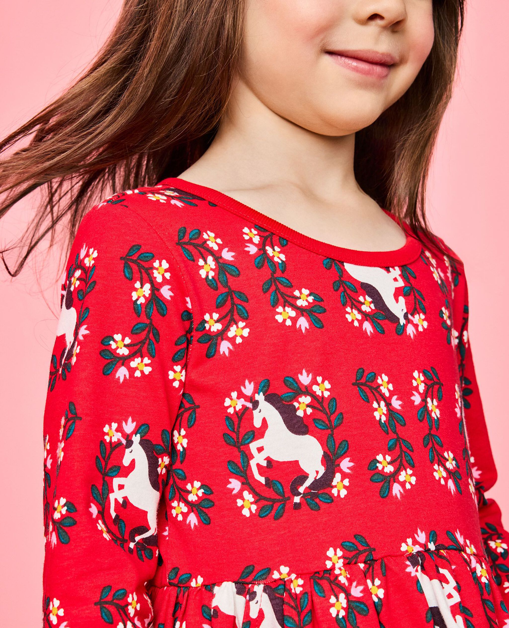 Long Sleeve Everywhere Dress with Pockets in Magical Unicorn on Ribbon Red - main