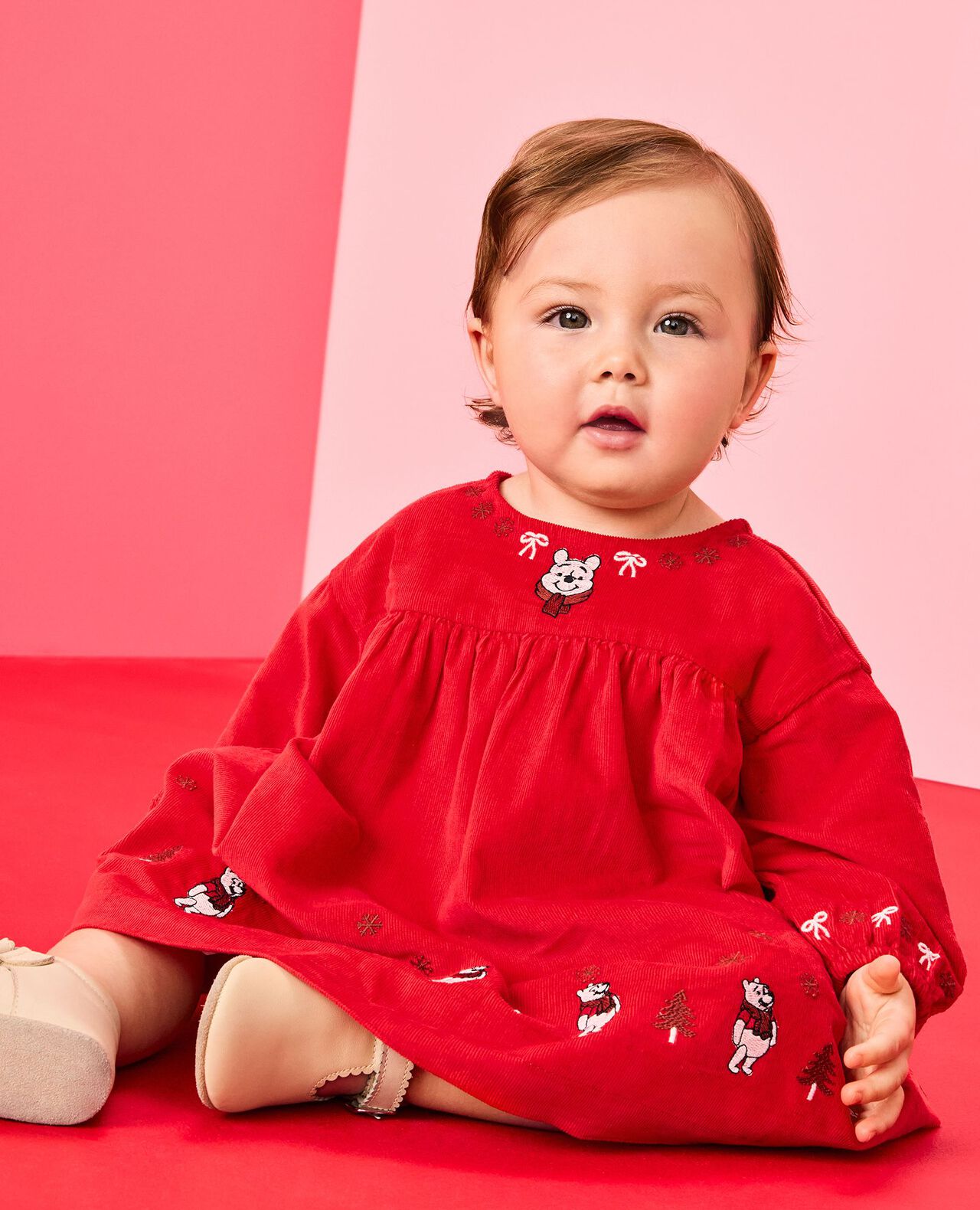 Baby Disney Winnie the Pooh Holiday Corduroy Dress in Winnie the Pooh and Piglet on Red - main
