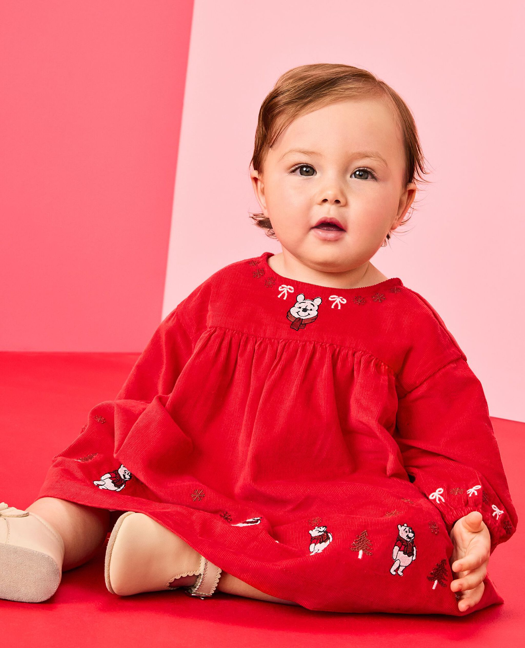 Baby Disney Winnie the Pooh Holiday Corduroy Dress in Winnie the Pooh and Piglet on Red - main