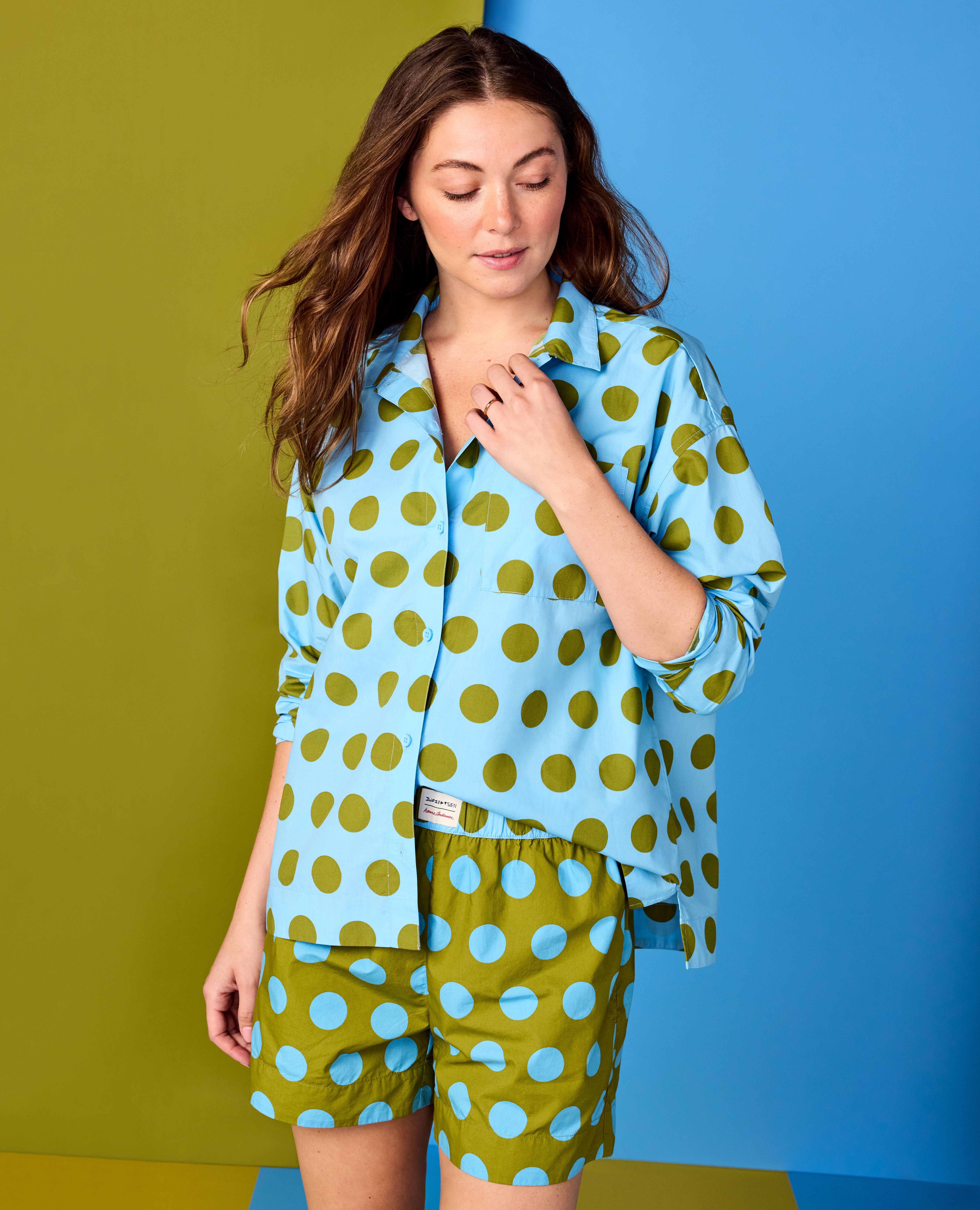Women's Dusen Dusen Long Sleeve Poplin Pajama Set in Alaskan Blue/Golden Cypress Dots - main