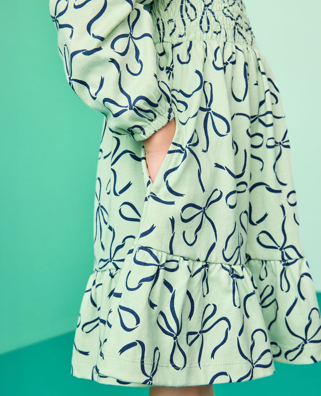 Long Sleeve Smocked Tiered Dress with Pockets in Bows on Mint Chip - main