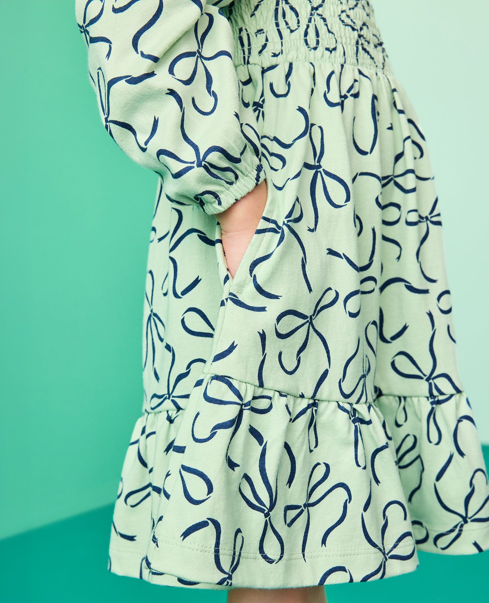 Long Sleeve Smocked Tiered Dress with Pockets in Bows on Mint Chip - main