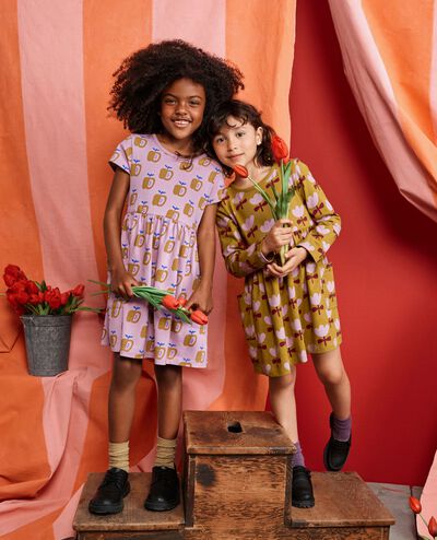 Playground Dress with Pockets in Yellow Apples on Cosmic Purple - main