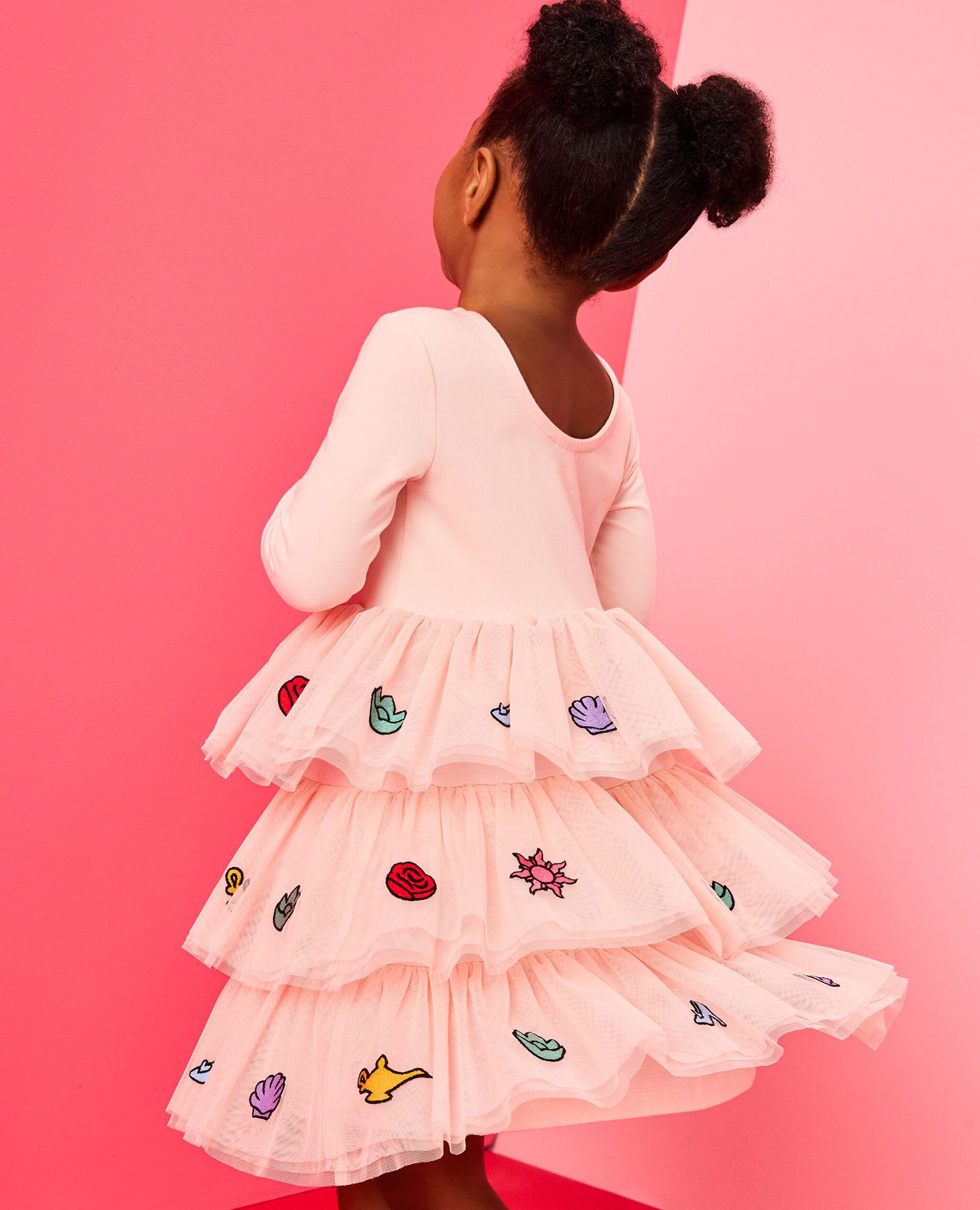 Disney Princess Long Sleeve Tulle Dress in Multi Princess on Pink - main