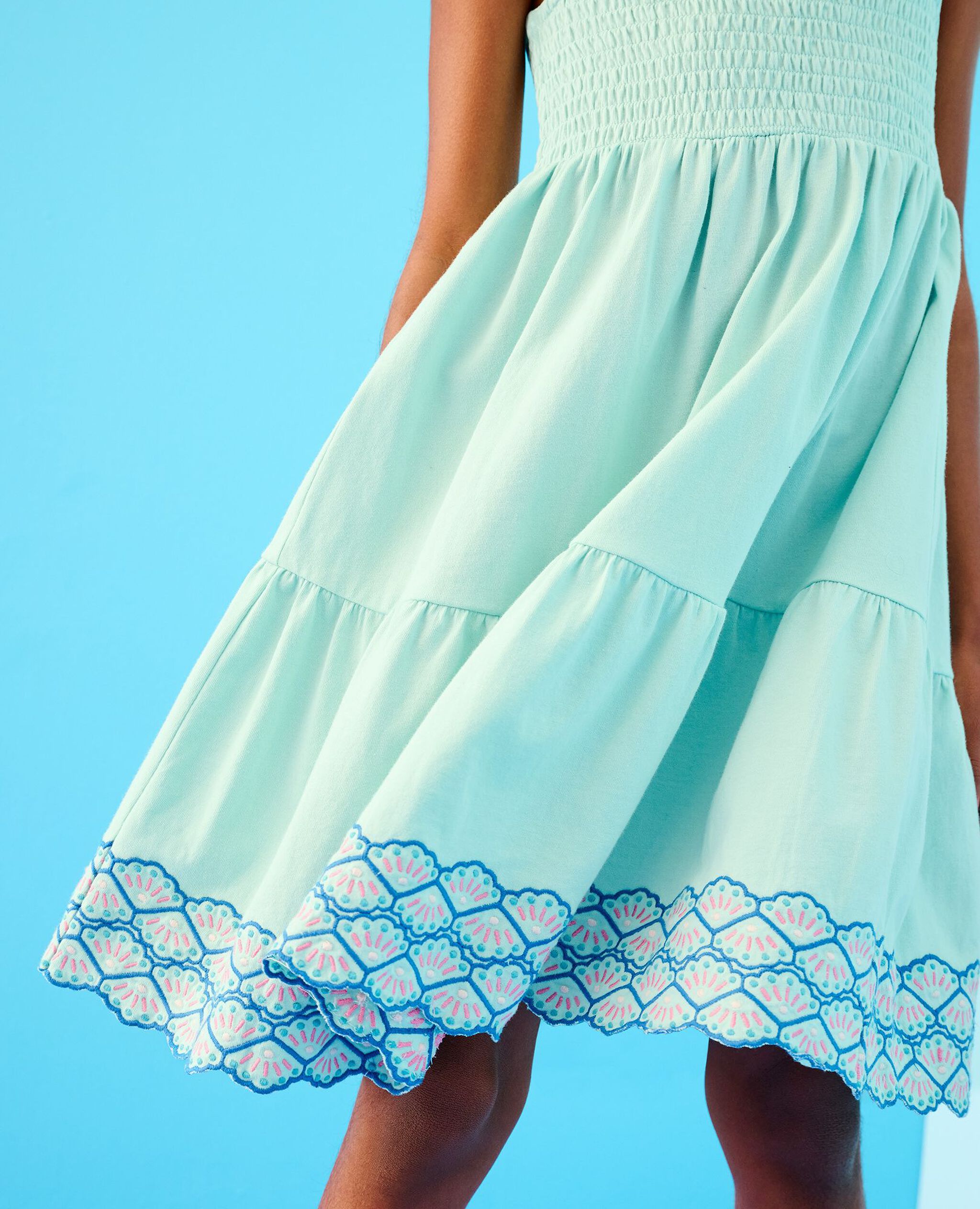 Sleeveless Smocked Tiered Dress in Seashells on Feather Blue - main
