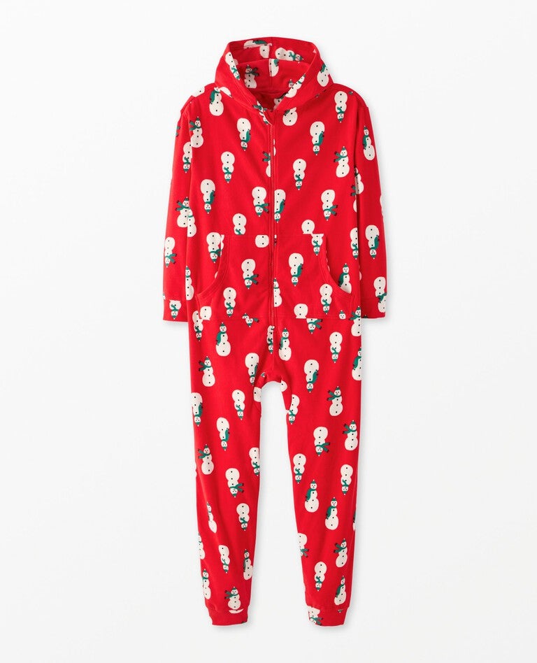 Adult Holiday Fleece Hooded Jumpsuit in Snowmen on Red - main