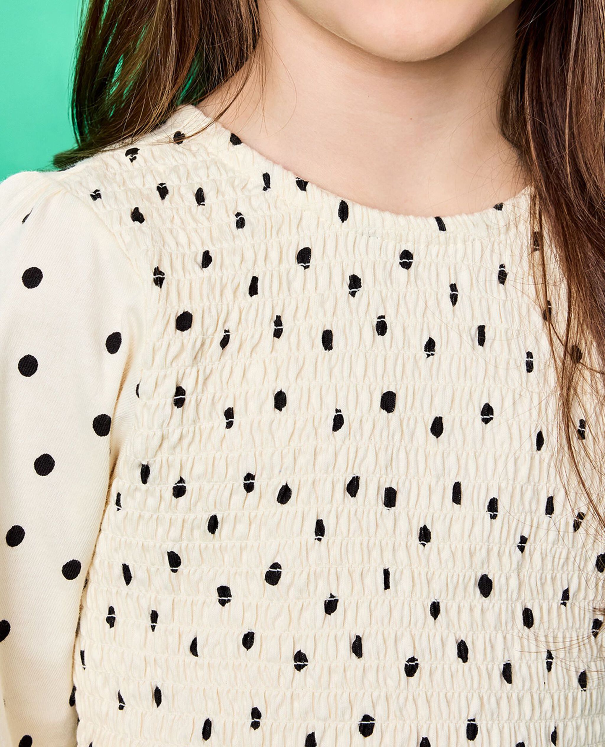 Long Sleeve Smocked Peplum Top in Black Dots on Ecru - main