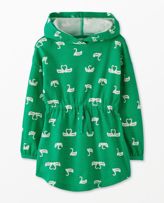Girls' Floating Swans On Green Hoodie Waffle Knit Dress in 100% Cotton - Size Little Kids 5 by Hanna Andersson