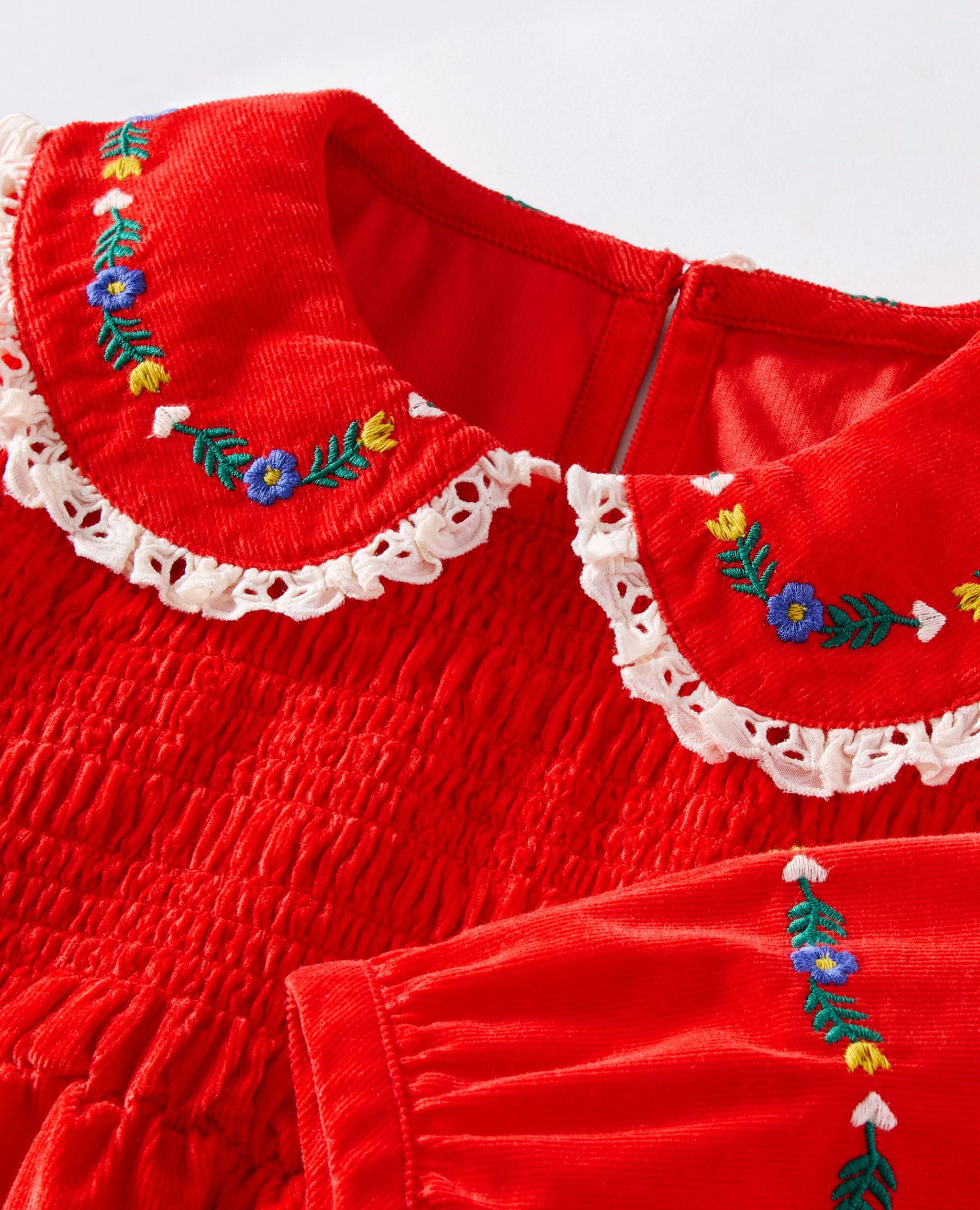 Embroidered Corduroy Dress with Pockets in Holiday Red - main