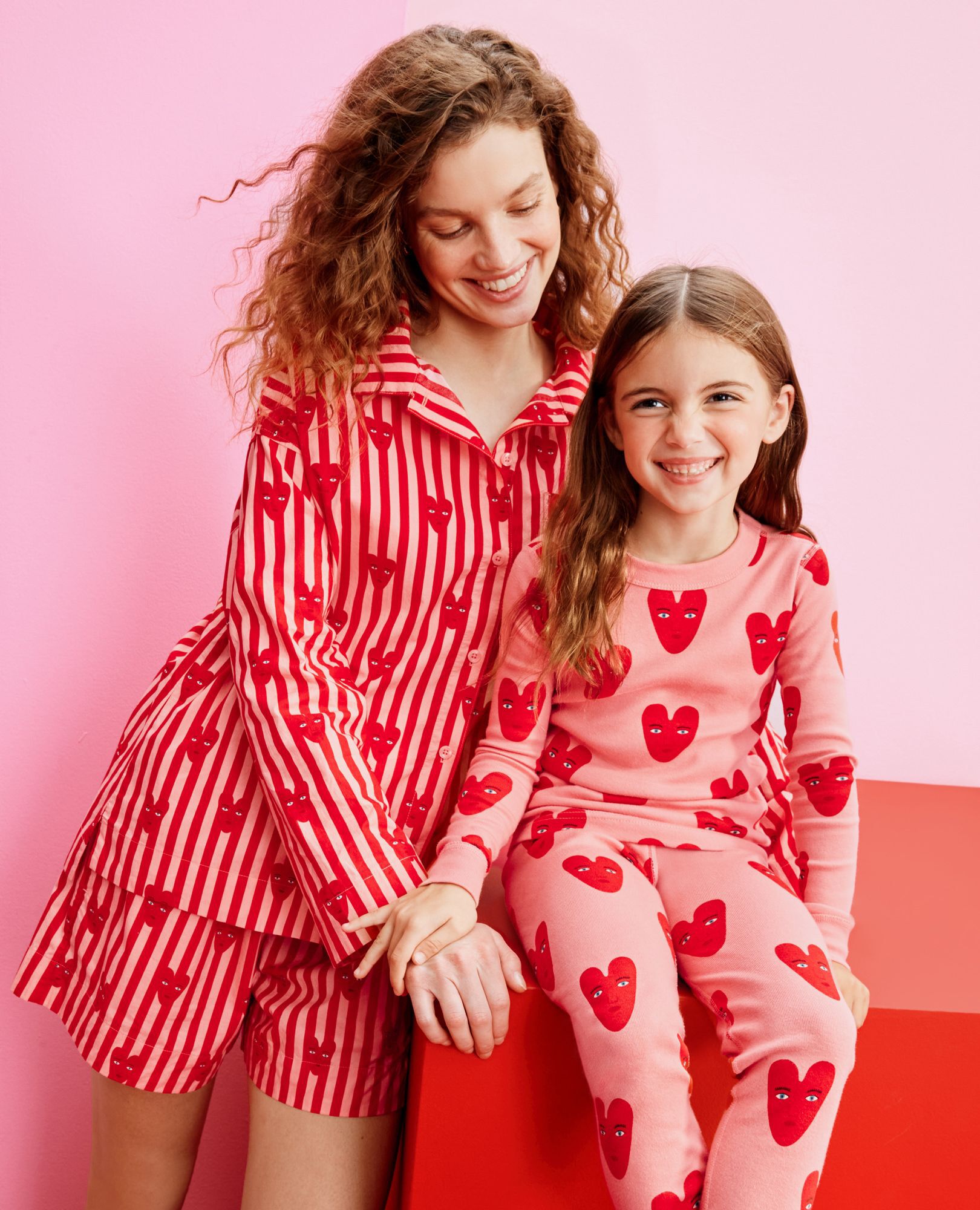 Women's Oeuf Long Sleeve Poplin Pajama Set in Hearts on Stripes - main