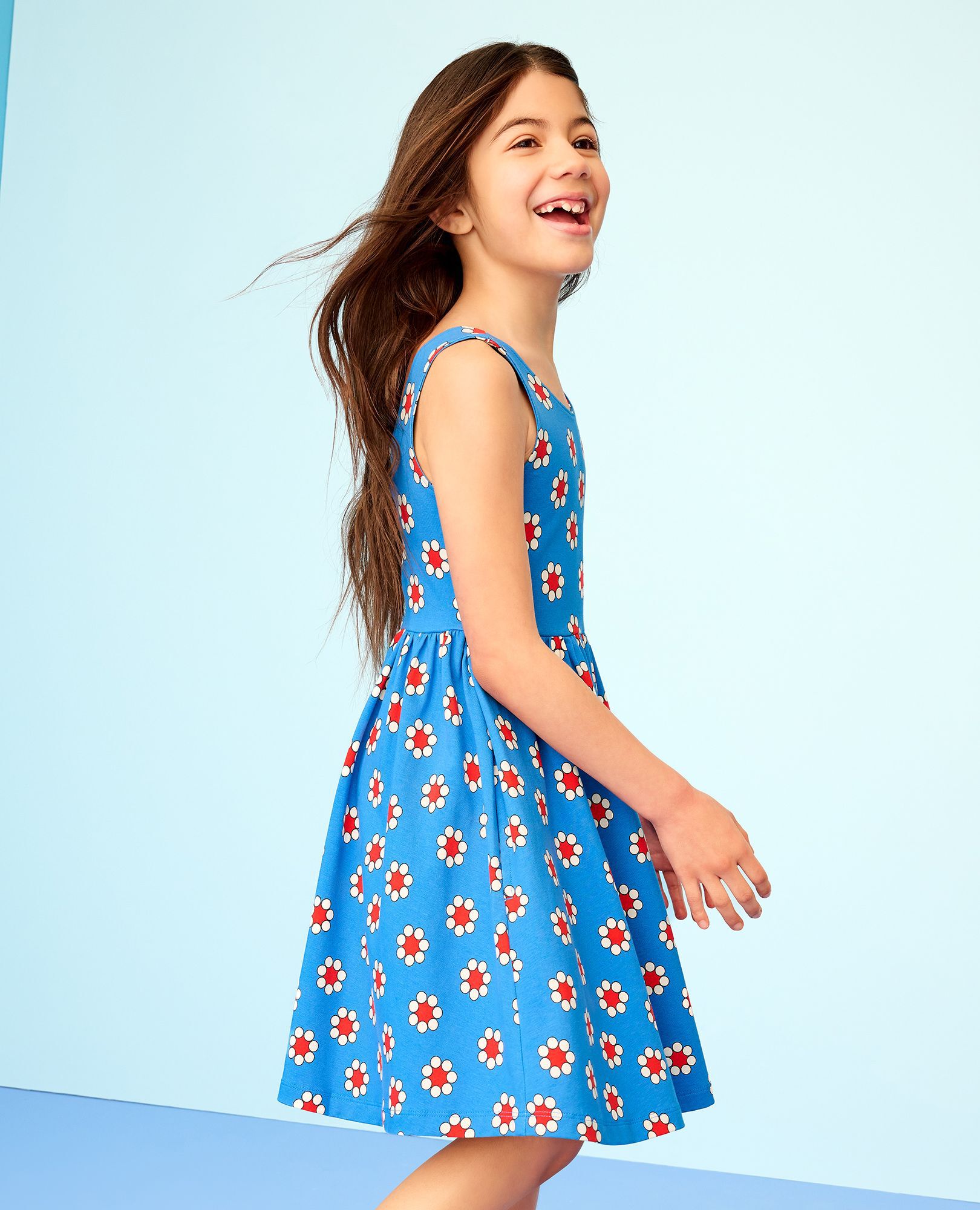 Bow Back Skater Dress with Pockets in Red Flowers on Swedish Sky - main