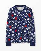 Adult Unisex Valentines Long John Pajama Top in Hugs & Hearts on Navy - main
