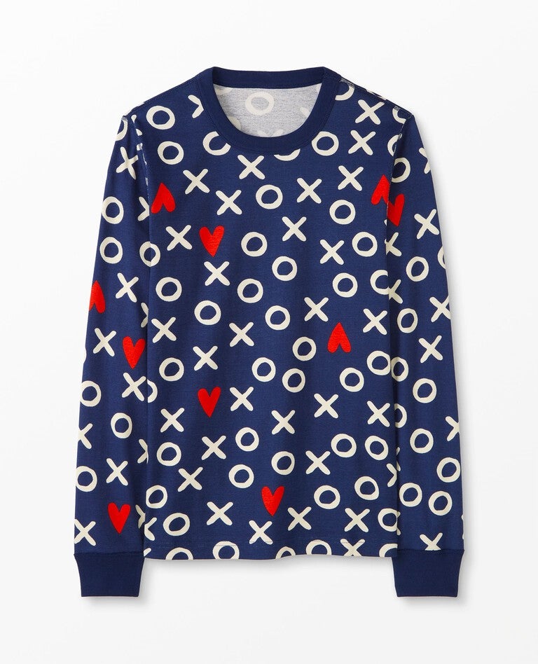 Adult Unisex Valentines Long John Pajama Top in Hugs & Hearts on Navy - main