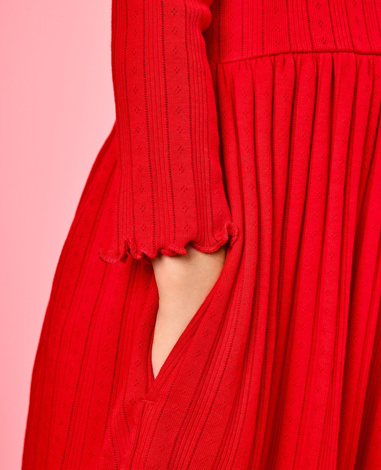 Long Sleeve Collared Pointelle Dress with Pockets in Ribbon Red - main