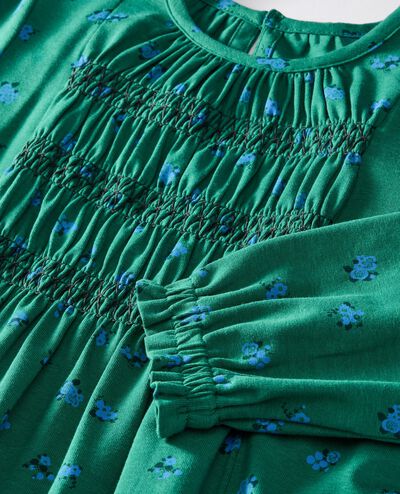 Balloon Sleeve Smocked Dress in Delicate Florals on Dark Green - main