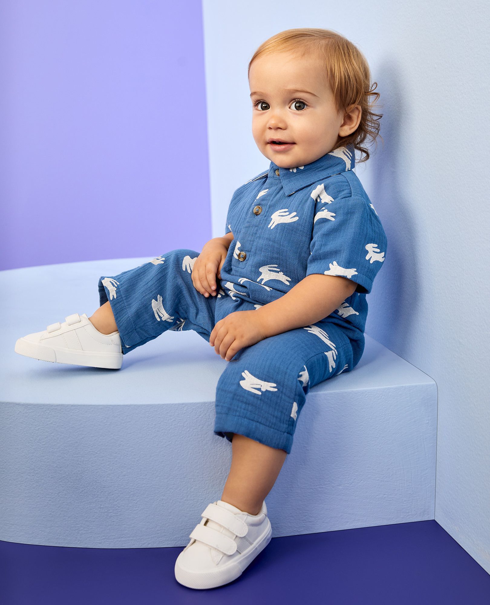 Baby Easter Muslin Romper in Hopping Bunnies on Blue - main