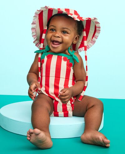 Baby One-Piece Cherry Swimsuit & Swim Hat Set in Tangy Red/Ecru - main