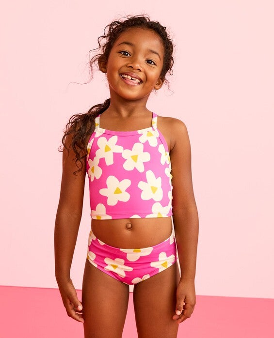 Girls' Ecru Flowers On Pink Two-Piece Swimsuit - Size Big Kids 12 by Hanna Andersson
