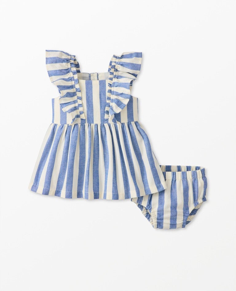 Baby Flutter Sleeve Linen Dress & Bloomers Set in Dutch Blue/Ecru - main